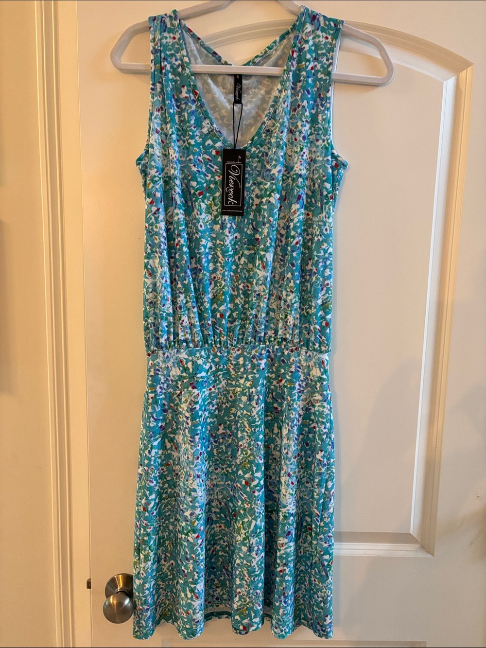 Viereck Teal Floral Sleeveless Midi Dress with Cross-Back